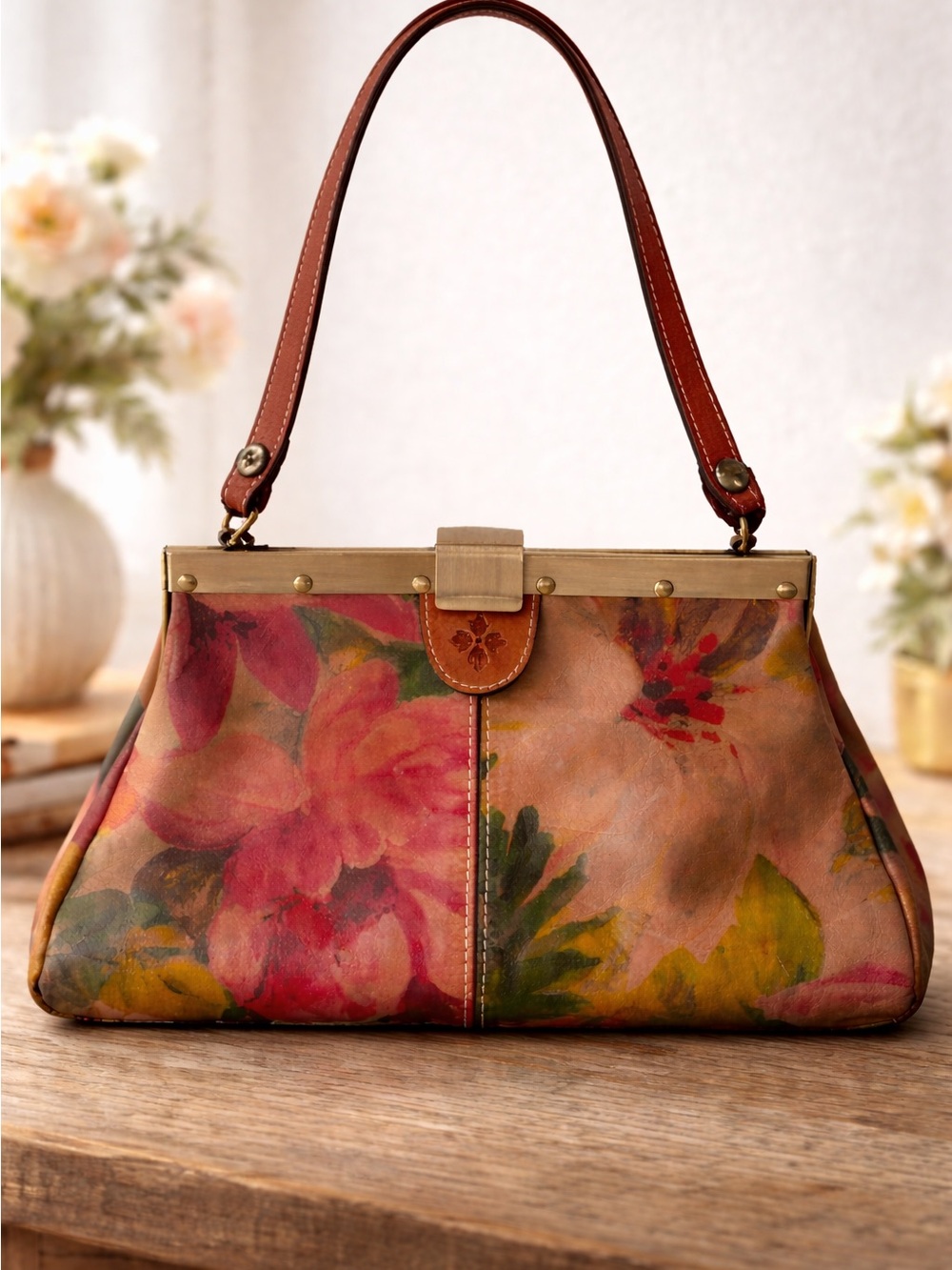 Patricia Nash Floral Leather Frame Shoulder Bag Italian Leather Purse